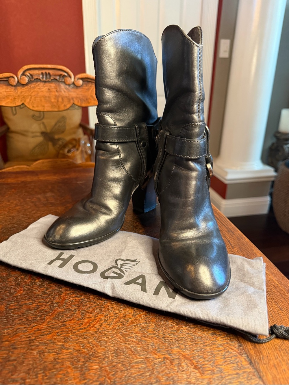 HOGAN Black Leather Harness Moto Boots Size 35 Stacked Heel Italy